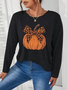 SHEIN LUNE Áo thun cổ tròn tay dài in hình bí ngô Halloween cỡ lớn cho nữ, áo mùa hè thu - màu đen - Xem 1