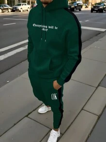 Manfinity Homme 男士纯色拼接字母印花简约连帽上衣和裤子休闲两件套 - 墨綠色 - 查看 1