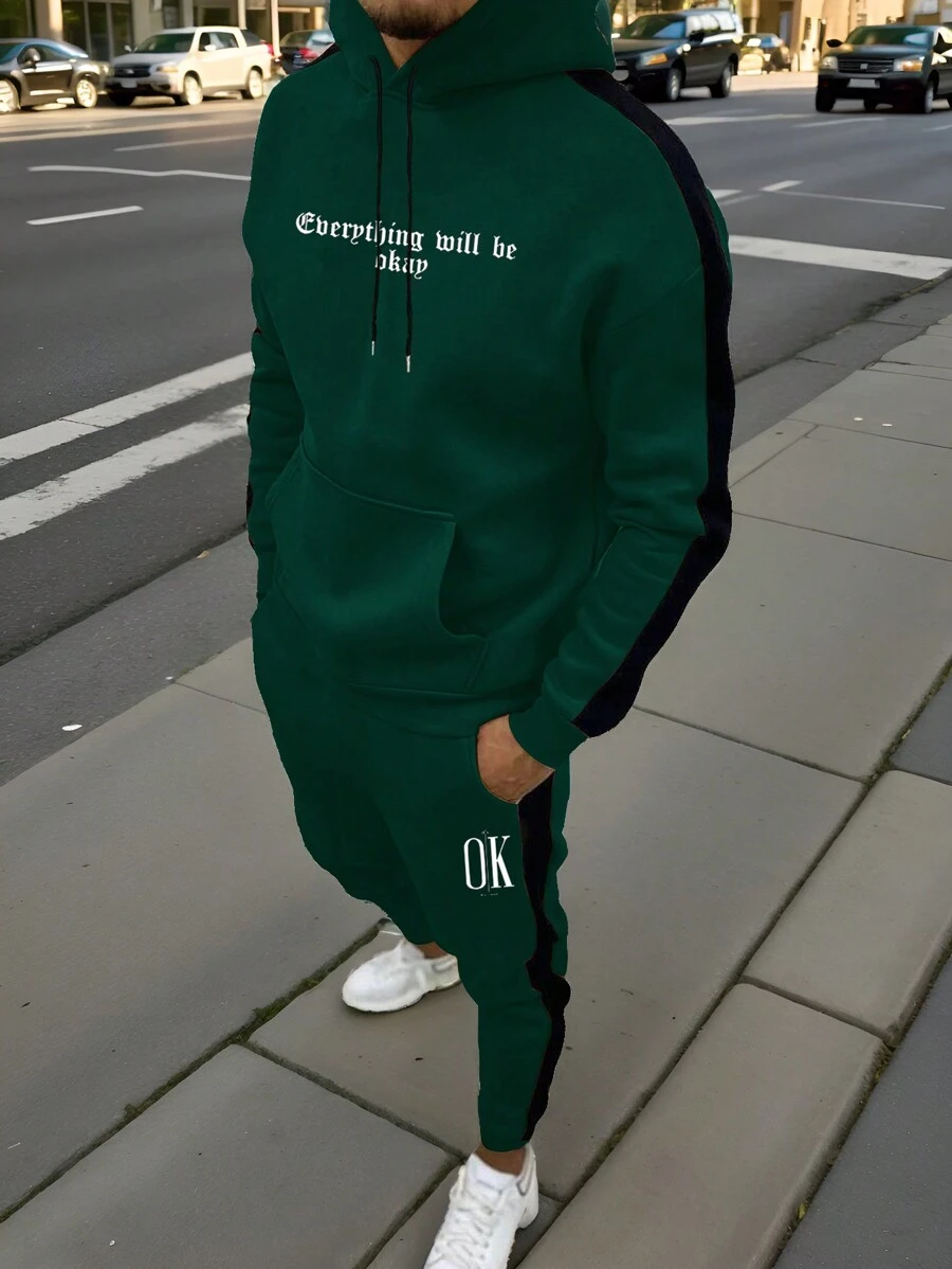 Manfinity Homme 男士纯色拼接字母印花简约连帽上衣和裤子休闲两件套 - 墨綠色 - 查看 1