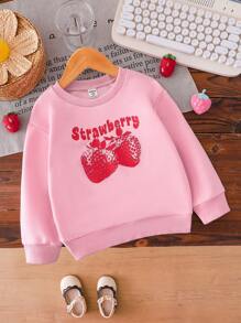 SHEIN 年轻女孩粉色草莓印花图案圆领长袖休闲运动衫，适合秋冬季 - 粉色 - 查看 1