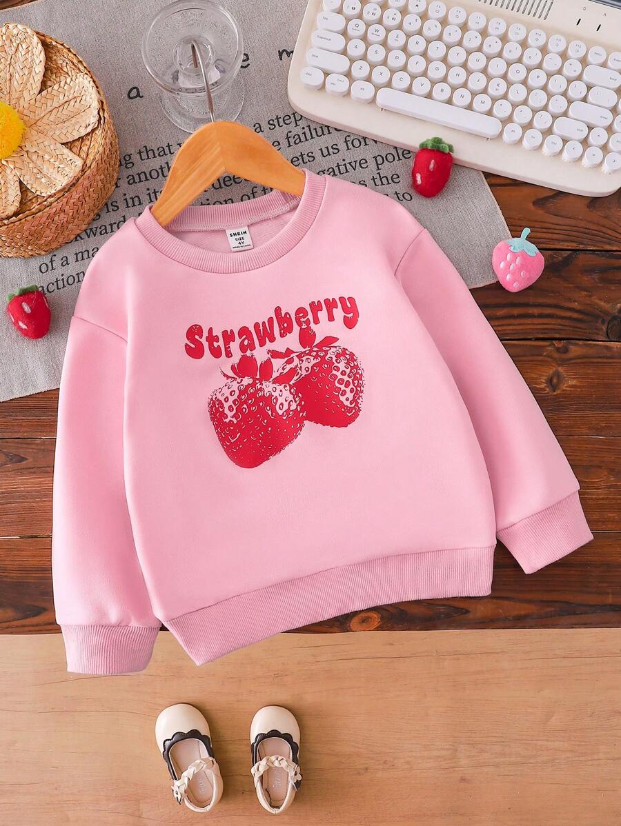SHEIN 年轻女孩粉色草莓印花图案圆领长袖休闲运动衫，适合秋冬季 - 粉色 - 查看 1
