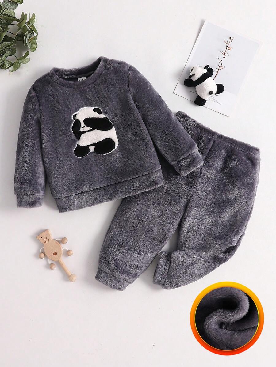 SHEIN 婴儿/幼儿男孩 2 件毛绒熊猫刺绣长袖衬衫和裤子睡衣套装，适合日常家居穿着，秋冬季 - 灰色 - 查看 1