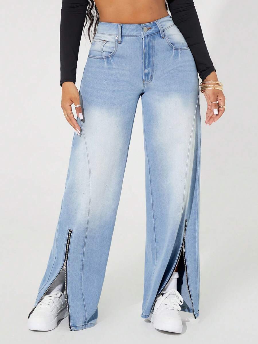 SHEIN SXY Women Casual Distressed Zip Up Flared Leg Jeans - Light Wash - View 1