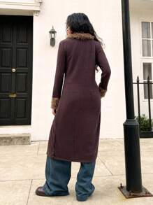 SHEIN Teen Girls Elegant Vintage Ribbed Solid Color Coat, Fitted Fluffy Collar, Suitable For Daily Wear, Jacket, Fall Season