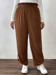 SHEIN LUNE 大码女式灯芯绒松紧腰直筒休闲长裤，带后口袋，适合外出和办公室穿着，秋冬季 - 棕色 - 查看 3