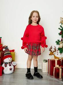 SHEIN Jersey de cuello redondo con textura y mangas abombadas para niñas pequeñas/jóvenes, apropiado para uso diario casual - Rojo - Ver 3