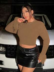 Allurite Plus Size Women Solid Color Knitted Fringe Slim Fit Elegant Short Crew Neck Sweater For Autumn/Winter Fall - Khaki - View 3