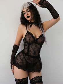 Women Lace Patchwork Black Sexy Nightgown - Black - View 1