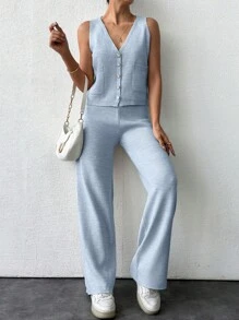 EURMUSE Women's Solid Color Simple Daily Wear Knit Vest And Long Pants Two-Piece Set - Baby Blue - View 4