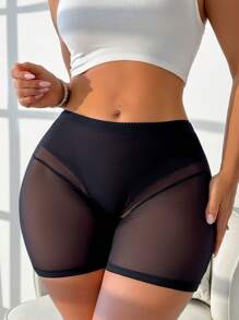 Women Solid Color Mesh Contrast Shapewear Shorts, Minimalist & Comfy Lifting Butt Shaping Tummy Control Bottoms - Black - View 2