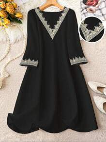 SHEIN LUNE Plus Size Casual V-Neck Dress With Gold Sequin Trim On Collar And Cuffs - Black - View 1