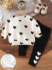 SHEIN 2 peças Conjunto de Moletom de Manga Longa Gola Redonda e Legging Casual e Doce com Estampa de Coração, Adequado para Meninas Jovens no Outono/Inverno para o Dia dos Namorados