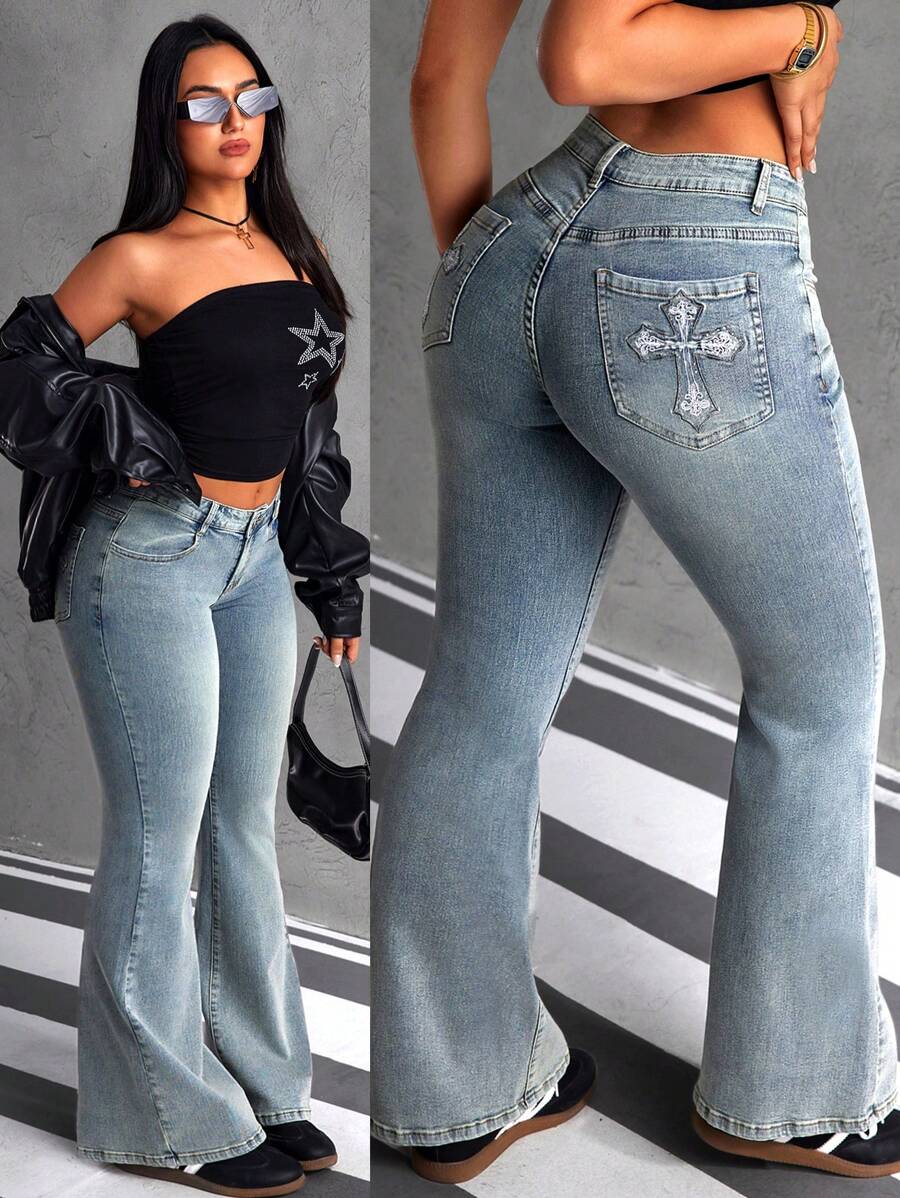 SHEIN ICON Quần Jeans Ống Loe Túi Chéo Cho Nữ Thường Ngày Đa Năng - Màu xanh lam - Xem 1