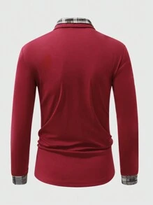 Manfinity Homme 大码男士夏季休闲拼布格子长袖 Polo 衫，适合外出 - 紅色 - 查看 2
