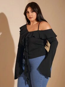 SHEIN BAE Plus Size Women's Black Asymmetrical Neck Ruffled Neckline Flared Long-Sleeved Spaghetti Strap Top Suitable For Commuting And Sweet Dating Outfit Plus Size Fall Clothesoing Out Spaghetti Strap Tops Women Long Sleeve Plus Size Shirts Women Long Sleeve Spaghetti Strap Top Christmas Women Clothes Thanksgiving Shirt Women Plus Clothing Christmas Women Plus Clothing Fall Plus Size Teacher Ladies Christmas Spaghetti Strap Top Business Casual Woman