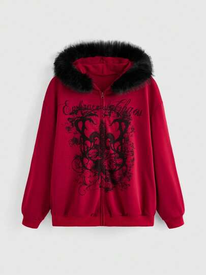 Grunge Punk Gothische Punk Reben Muster Kapuzen Locker sitzende Langarm Sweatshirt mit flauschigem Kragen für Damen