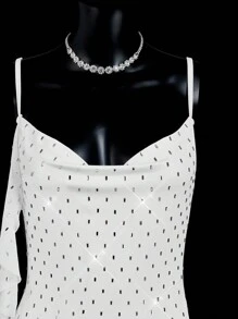 SHEIN ICON Draped Collar Sexy Open Back Ruffle Trim Beaded Party Dress - White - View 9