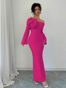 Rafferiza 1 pieza Vestido maxi elegante para mujer con manga de campana, hombros descubiertos, decoración floral y silueta ajustada tipo sirena, ropa de otoño - Rosa Fucsia - Ver 6