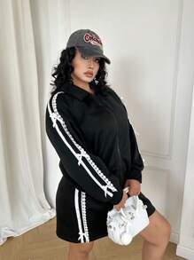 Flirla 女士休闲运动套装，蝴蝶结条纹连帽夹克和迷你裙 2 件套，春季 - 黑與白 - 查看 3