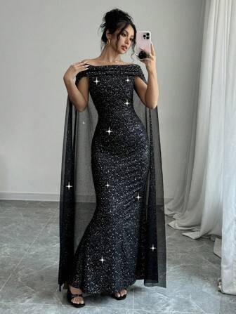 Rafferiza Elegant Off-Shoulder Glittrande Cape Aftonklänning Maxi Dam Outfit
