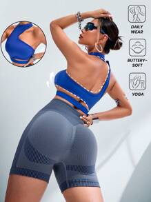 Innovista Camiseta deportiva de manga corta asimétrica, ropa deportiva diaria de soporte medio para yoga, pilates, HIIT, entrenamiento, oficina al gimnasio, running, boxeo, ropa de ejercicio de otoño, ropa de entrenamiento de otoño e invierno, diseño a rayas, movimiento cómodo, funcional, cardio, ejercicio, saludable, utilitario, elegante - azul real - Ver 2