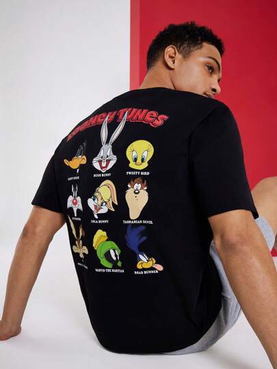 LOONEY TUNES X SHEIN Camiseta de bolsillo de punto holgada con estampado de personajes múltiples para hombres