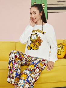 GARFIELD | SHEIN 女款白色圣诞跨年可爱卡通字母格子印花落肩宽松长袖上衣直筒裤睡衣套装冬季女睡衣套装节日秋季新年装秋装 - 白色 - 查看 6