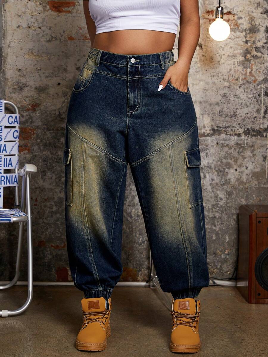 SHEIN ICON 大码女式前扣多口袋休闲宽松牛仔裤 - 藍色 - 查看 1