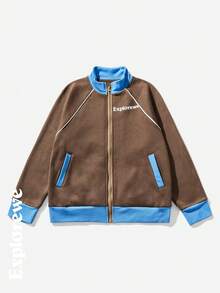 SHEIN 2 Stücke Tween Jungen Zwischengrößen Set mit Buchstaben Muster und Kontrast Farbe, Raglanärmel Jacke und Hose, lässiger Herbstoutfit