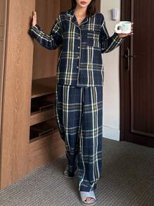 DAZY 格子图案宽松版型纽扣前开襟长袖上衣和长裤睡衣套装，秋冬服装 - 藍色 - 查看 6
