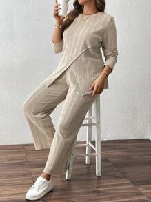 SHEIN LUNE 2pcs/Set Plus Size Women Casual Ribbed Striped Round Neck T-Shirt With Elastic Waistband, Loose Regular Fit, Suitable For Autumn/Winter - Apricot - View 6
