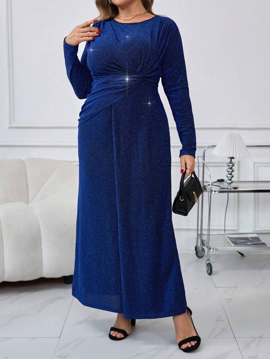 SHEIN Clasi 大码优雅海军蓝金银线鸡尾酒会礼服 - 藏蓝色 - 查看 1