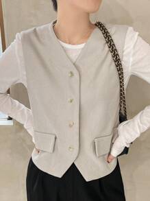 FRIFUL Women's Solid Color Front Button Sleeveless Minimalist Vest, Casual For Daily Wear,Fall Clothes Women Jacket - Apricot - View 4