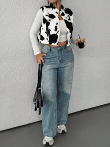 SHEIN EZwear 秋冬季大码奶牛印花短款夹克