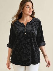 EMERY ROSE Plus Size Front Button Mid-Length Sleeve Minimalist Casual Shirt - Black - View 1