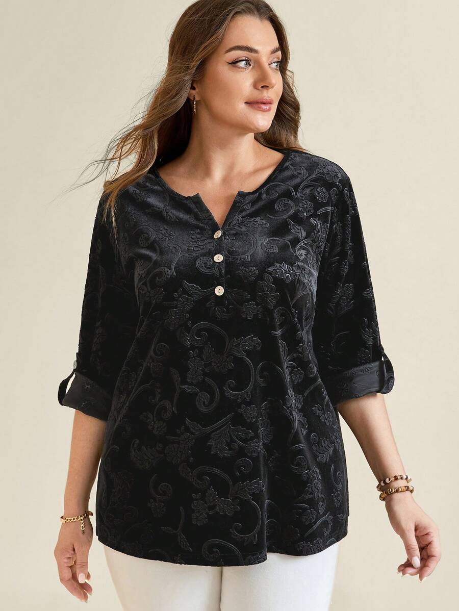 EMERY ROSE Plus Size Front Button Mid-Length Sleeve Minimalist Casual Shirt - Black - View 1