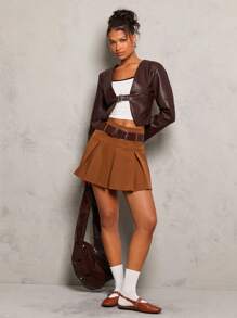 Glamine 1pc Women Casual Metal Buckle PU Leather Short Jacket, Autumn/Winter - Brown - View 6