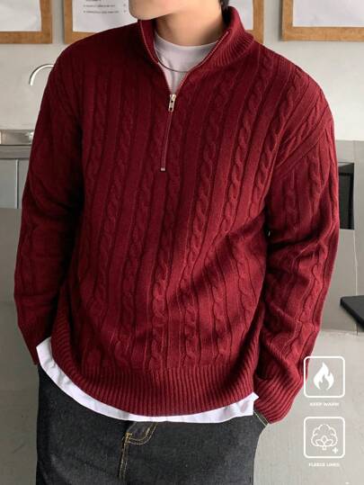 Manfinity Hypemode Jersey de media cremallera de punto texturizado para hombres, casual y versátil, de manga larga, jersey rojo para hombres, jersey burdeos para hombres, jersey de punto trenzado para hombres, jersey de cuarto de cremallera para hombres, jersey forrado térmico para hombres, para otoño e invierno