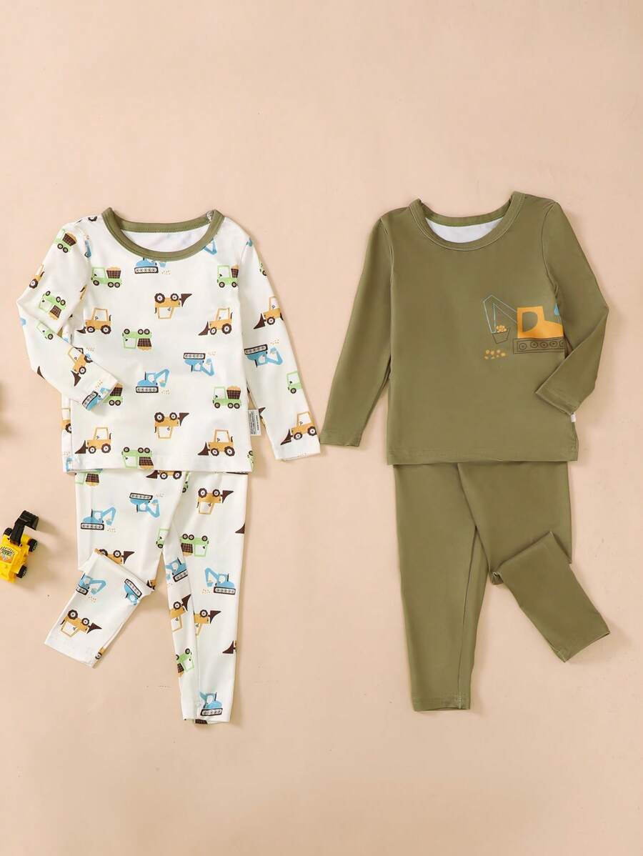 4pcs Baby Boys Casual Cute Knit Excavator Allover Print Long Sleeve Crew Neck Top And Allover Print Long Pants, Snug Fit Pajama Set