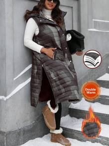 SHEIN LUNE Quần áo mùa đông cỡ lớn in họa tiết camo có khóa kéo bên hông không tay có mũ trùm đầu có đệm - xanh quân đội - Xem 1