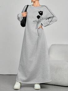 Mulvari Sukienka damska z nadrukiem kwiatowym, okrągłym dekoltem, opadającymi ramionami, długim rękawem, swobodna, w stylu arabskim, skromna