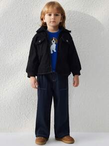 Blossori Kleine Jungen Mantel Einfarbig mit Fellkragen und Pattentaschen - Schwarz - Übersicht 3