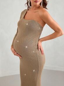 MaterniChic Vestido longo de manga comprida para maternidade, sexy, texturizado, estilo sereia, comprimento até o chão, adequado para casamentos, jantares formais e festas - Dourado - Visão 3