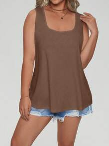 Calvaya Plus Size Solid Color Round Neck Casual Tank Top - Khaki - View 5