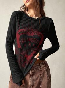 Bohemela 度假合身纯色针织圆领长袖常规正面中心印花女式 T 恤