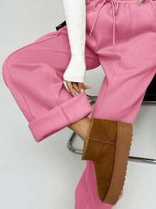 SHEIN EZwear 女士纯色前系带口袋简约休闲长裤，日常穿着 - 粉色 - 查看 4