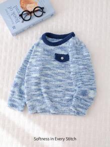 Cozy Pixies Young Boy Contrast Color Pocket Crew Neck Long Sleeve Pullover Sweater - Blue - View 5