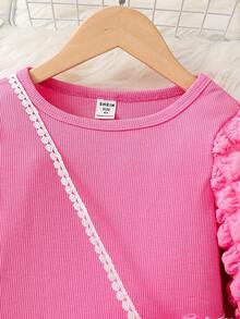 2 件套年轻女孩圆领针织泡泡袖连衣裙配斜挎包，适合日常休闲穿着 - 粉色 - 查看 5