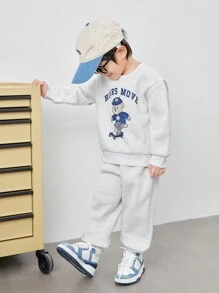 SHEIN 2pcs/Set Young Boy Casual College Style Comfortable Cartoon Bear Pattern Sleeve Pullover Sweatshirt And Elastic Waist Pants Set, Suitable For Kids Outfits, Back To School, Clothes, Daily Wear, School, Outings, Sports, Autumn And Winter