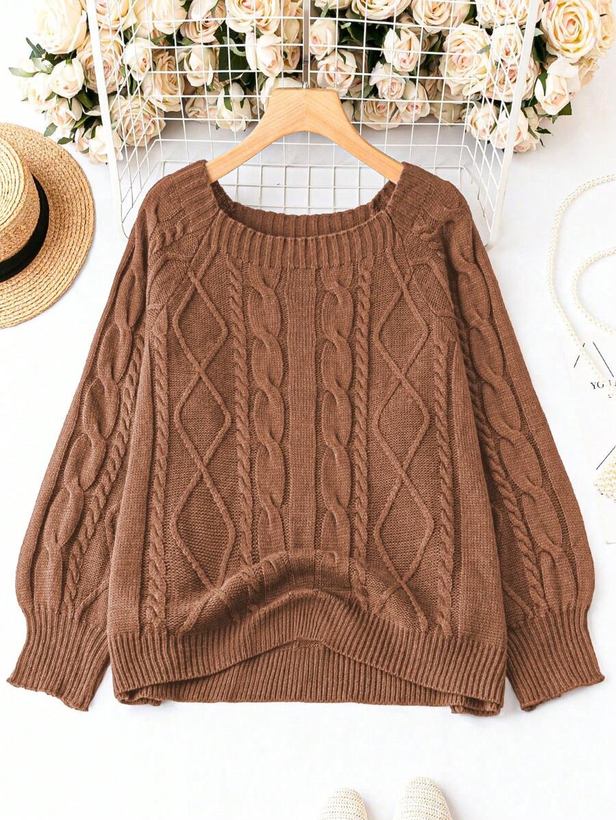 DreamSkyne Plus Size Casual Daily Solid Color Cable Knit Raglan Sleeve Sweater, Autumn/Winter Knit Pullover Fall - Chocolate Brown - View 1